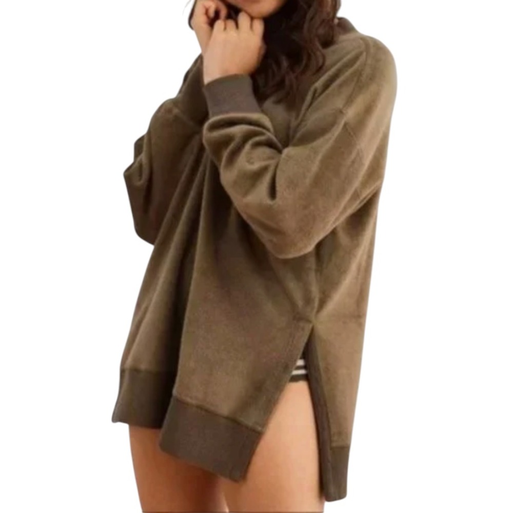 AERIE Coziest Oversized DESERT SWEATSHIRT Long Side Slits FUZZY FLEECE Olive XS